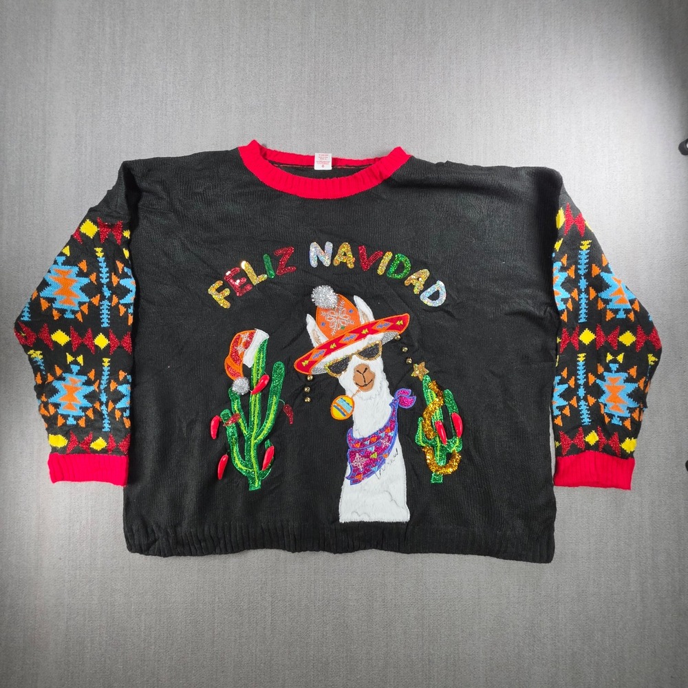 Holiday Time Ugly Christmas Sweater Womens 2X Black Feliz Navidad Llama Sequin‎